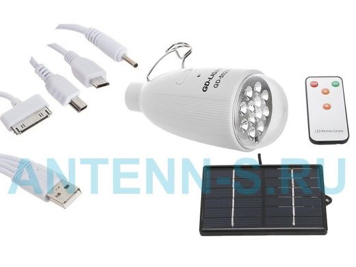 Солнечная минисистема GD-5023 (солн.панель,светильник, ПДУ,шнур USB, АКБ1200мА/ч, свечение до 6 ч)
