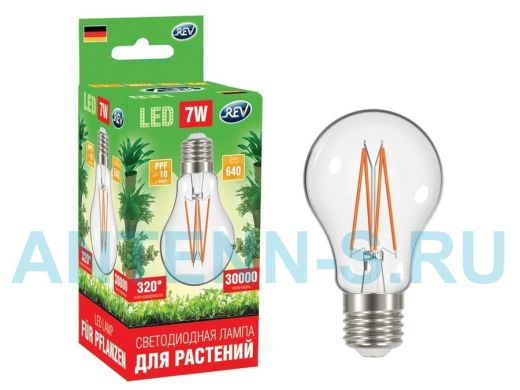 Лампа светодиодная REV GARDEN для ускорения роста растений А60 E27 7W FILAMENT, 575-650Нм, PPF>10