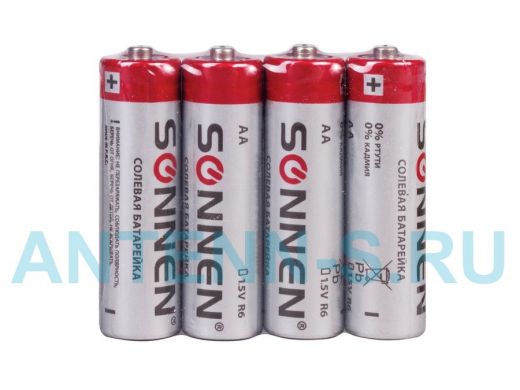 Батарейка R6  SONNEN, АА (R06, 15А), солевые, цена за 4 шт, в пленке, за 1шт