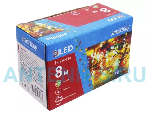 LED Гирлянда Smartbuy с контроллером, RGB, 8м, 120 диодов, IP20, зеленый провод (SB-RGB-8mGR)