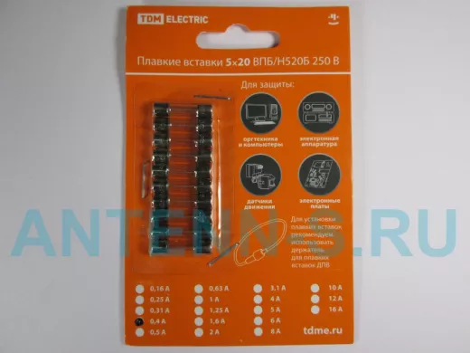 Плавкая вставка ВПТ6-4 0,4А 250В TDM упаковка (10шт.) SQ0738-0104