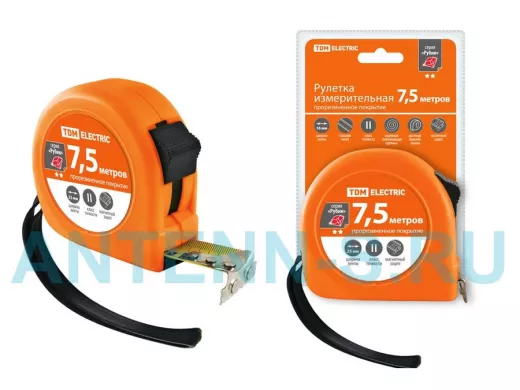Рулетка TDM 7,5 м, стальная лента, ширина 25 мм, прорезиненное покрытие, магнит, "Рубин" SQ1018-0107