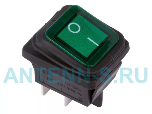 Выключатель клавишный 250V 15А (4с) ON-OFF зеленый  с подсветкой  ВЛАГОЗАЩИТА  REXANT
