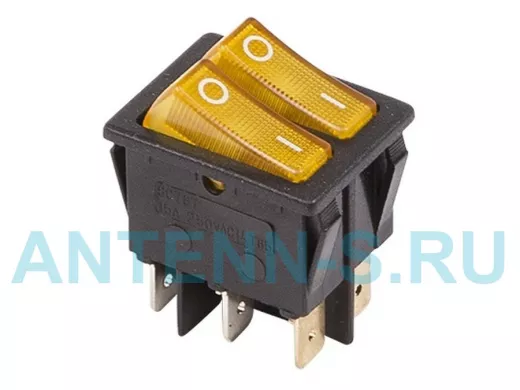Выключатель клавишный 250V 15А (6с) ON-OFF желтый  с подсветкой  ДВОЙНОЙ  REXANT