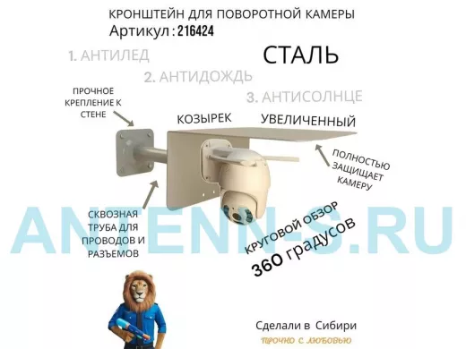 Кронштейн для поворотной камеры с вылетом 25см и большим козырьком "HIWOLL-216424" серый, сталь