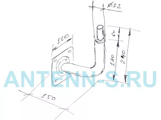 Кронштейн антенный, вылет 0,15м, вверх 0,24м, обжата 6см "PROFIKRON-32-217255" черный, диаметр 32мм