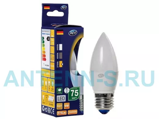 Светодиодная лампа  REV Classic C37 Е27 9W, 2700K, теплый свет, свеча