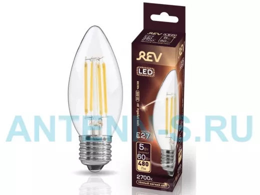 Светодиодная лампа  REV FILAMENT свеча C37 E27 5W, 2700K, DECO Premium теплый свет