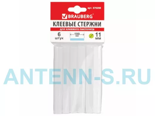 Клеевые стержни, диаметр 11,0мм, длина 100мм, белые, КОМПЛЕКТ 6 штук "BR-79848", европодвес