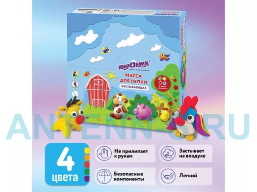 Масса для лепки (1 баночка) "BR-92482" "ЮНЛАНДИК - ФЕРМЕР", 4 цвета в баночке, застывающая, 128 мл